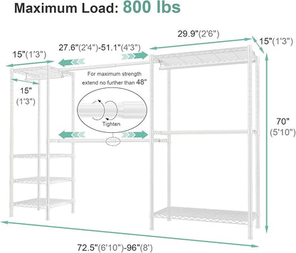 SEMHOR E01 Expandable Heavy Duty Clothes Rack, Free Standing Closet System Organizer, Adjustable Portable Carbon Steel Garment & Clothing Racks for Hanging Clothes (72.5-96"), 800LBS Max Load, White