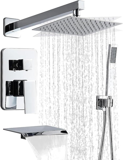 Chrome Shower Faucet Set with Tub Spout 10 Inch, Shower Head and Handle Set with 2 Hooks, Tub and Shower Faucet Combo, Rain Shower and Handheld Shower System Square Wall Mount for Bathroom