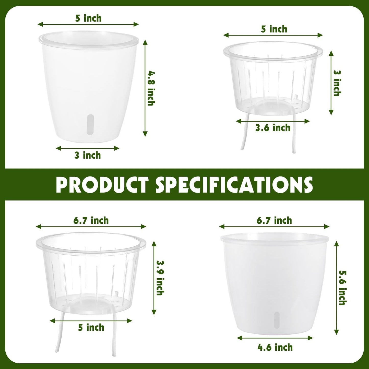 KvyusFlourish Self Watering Pots for Indoor Plants, 6-Pack 5'' Self Watering Planter with Drainage Holes, Small African Violet Pots with Water Indicator, Clear Wick Orchid Pot, White