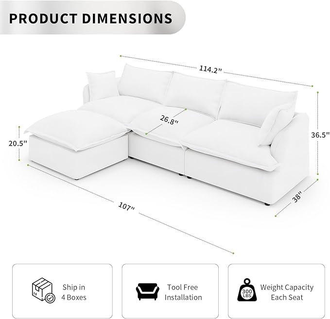 Waterproof Cloud Sectional Sofa, 114.2" Large L Shape Stain Resistant Modular
