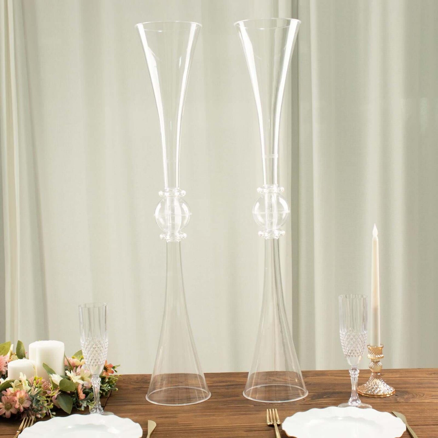Efavormart 2 Pack | 31" Clear Crystal Embellishment Trumpet Table Centerpiece, Reversible Plastic Flower Vase
