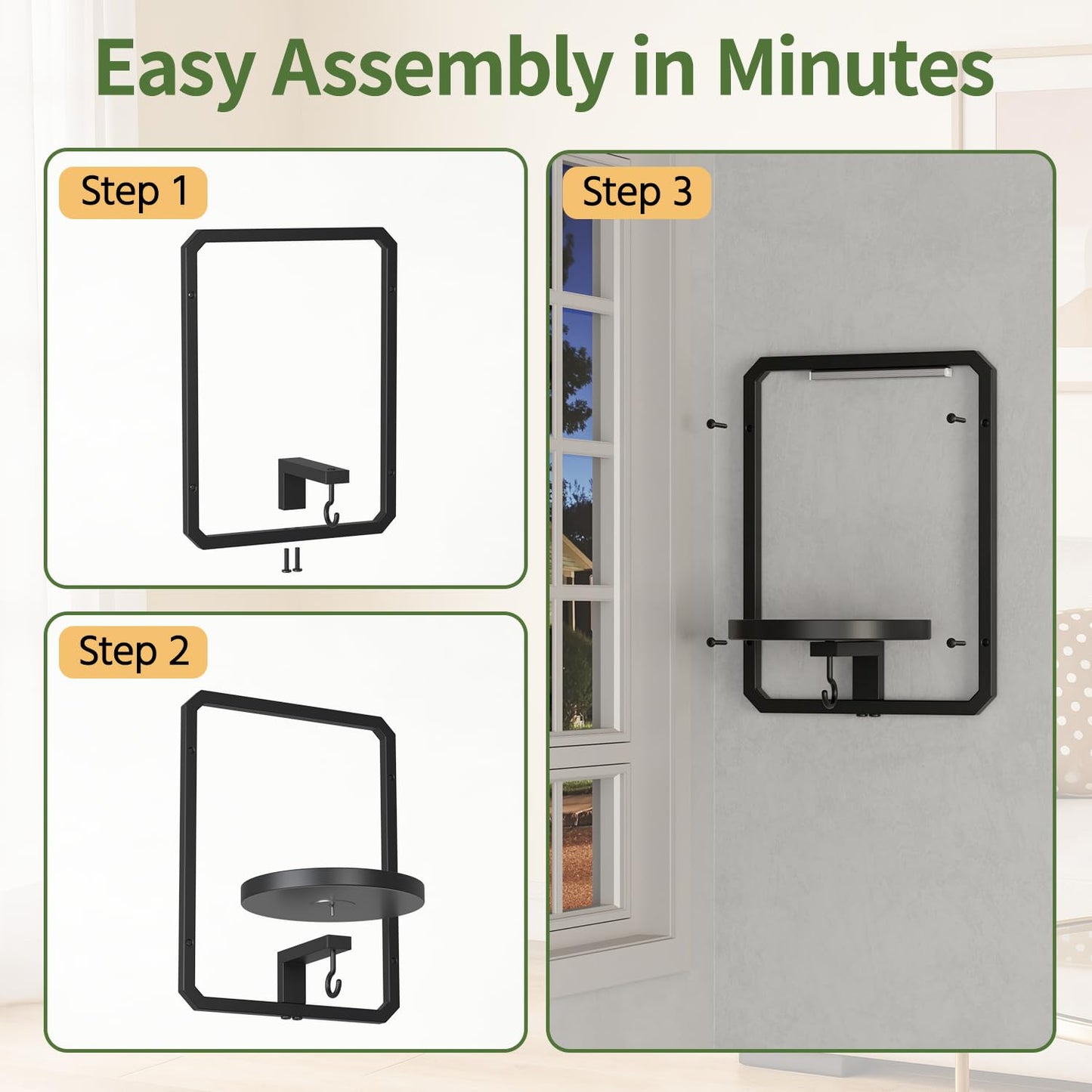 LASZOLA Plant Picture Frame Holder Wall Mount Indoor Window with 2 Grow Light, 2 Pack Modern Floating Flower Stand Shelf with Hooks, Metal Hanger Display Decor for Living Room, Black