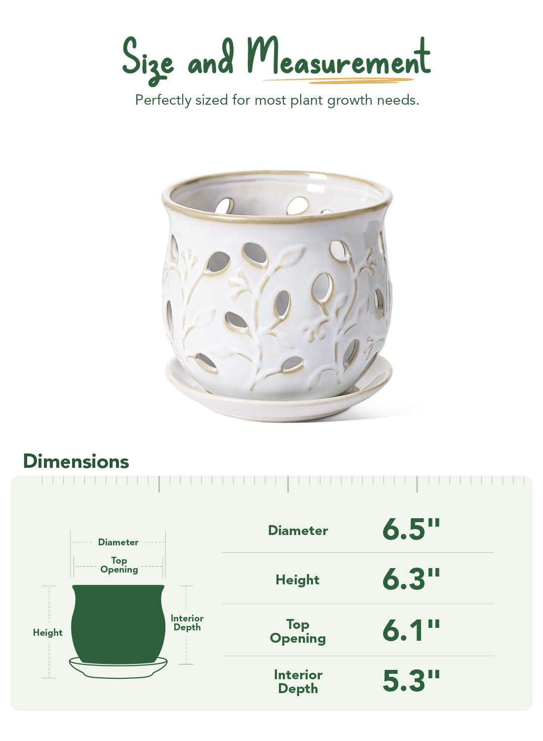 LE TAUCI Ceramic Orchid Pot, 6.5 Inch Orchid Planter with Holes for Repotting, Indoor Flower Plant Pot with Drainage and Saucer, Arctic White