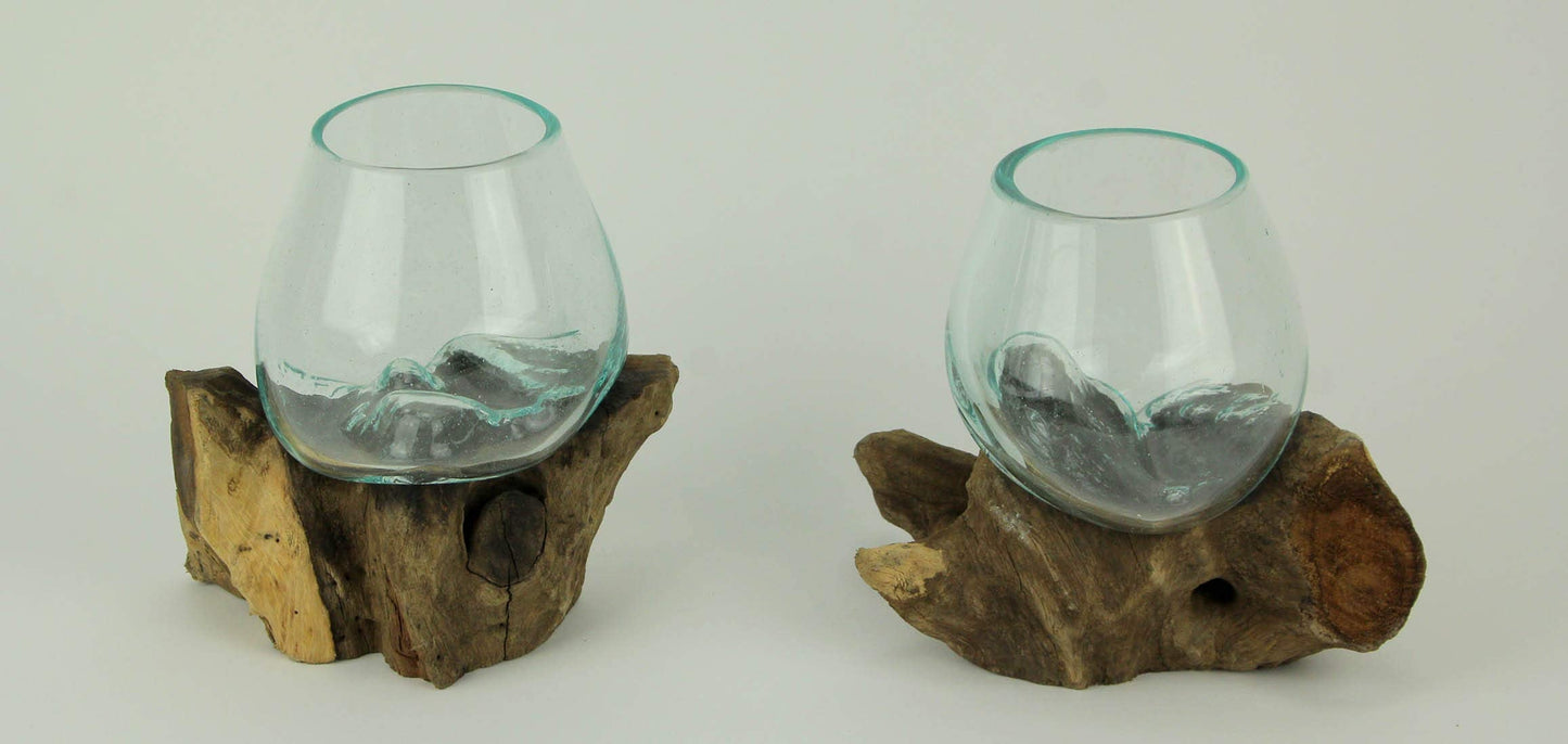 Zeckos Molten Glass On Teak Driftwood Decorative Bowl Vase Terrarium Planter Set of 2