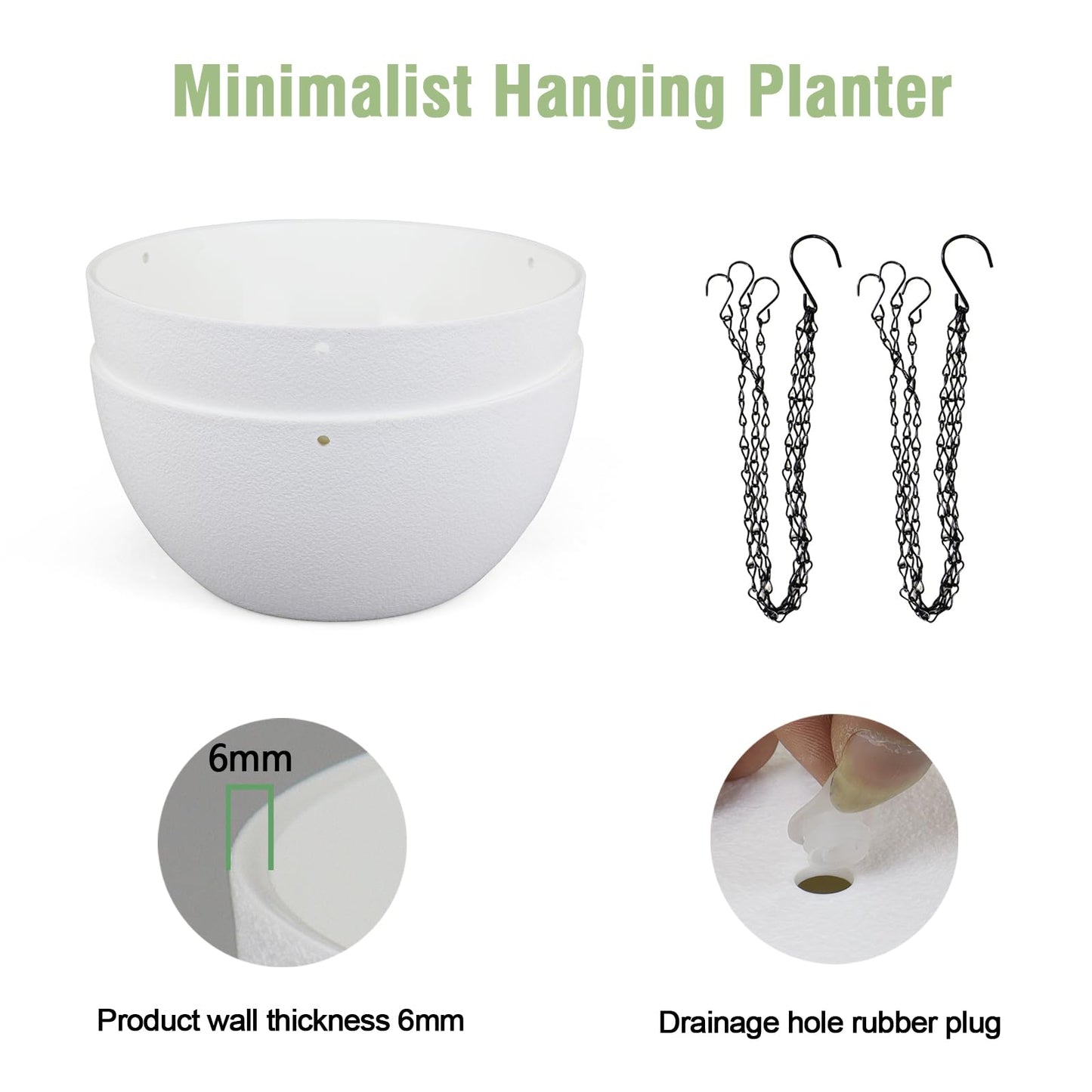 Meowell 10 inch Hanging Planters for Indoor Outdoor Plants, 2 Pack Hanging Flower Pots with Drainage Holes and Chain for Garden Balcony Porch, Round Plastic Hanging Baskets for House Plants, White