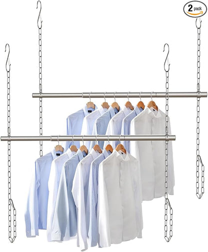 Hanging Closet Rod, Adjustable Width and Height Closet Rods Extender, 17-40inch Heavy-Duty Stainless Steel Bar, Space-Saving Closet Rod Hanging Clothes, 2Pack(Silver)