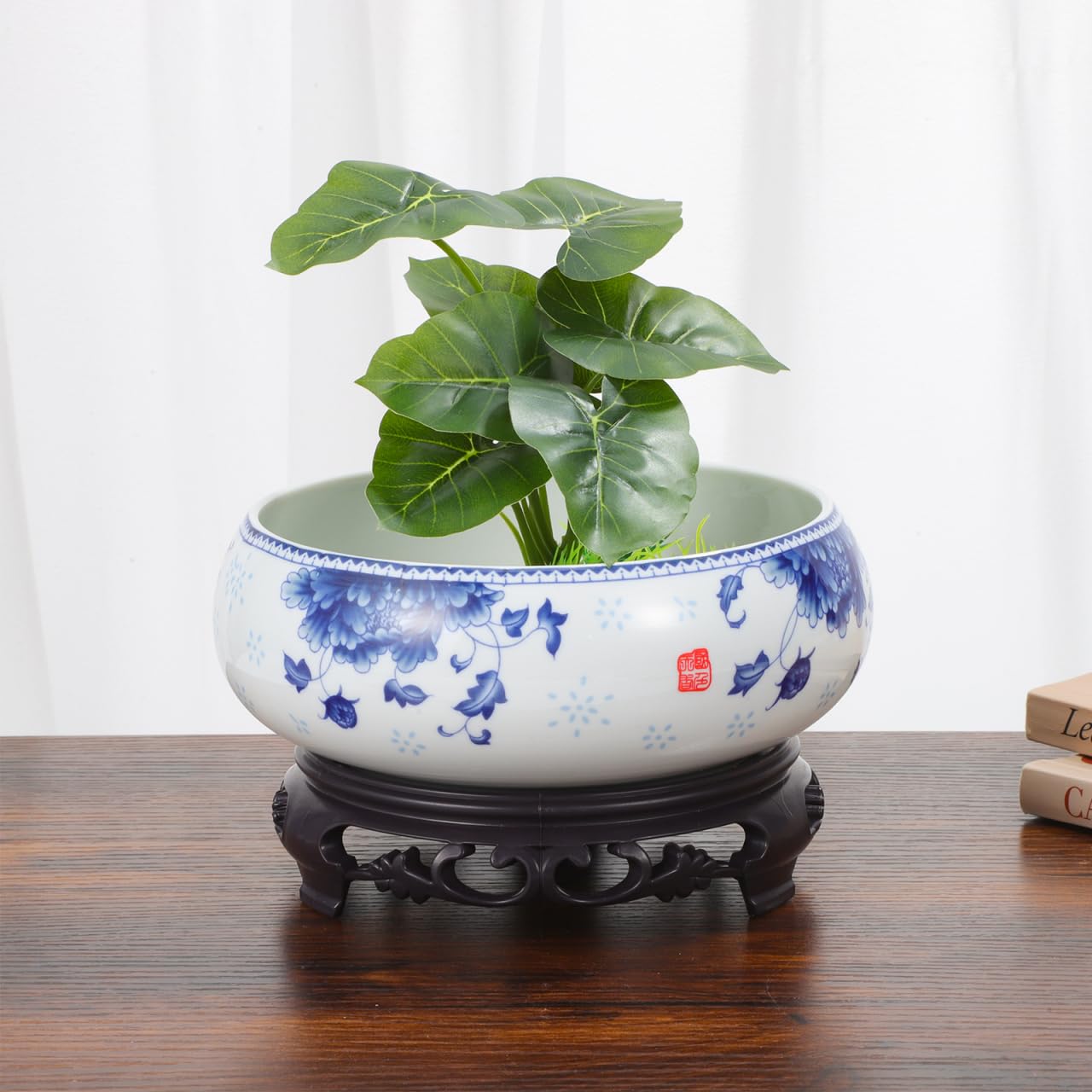 DOITOOL Ceramic Flowerpot Small Hydroponic Daffodil Pot with Base Indoor Bonsai Plant Container for Water Lily Lotus and Succulents 4.13X6.3X4.13 Inches