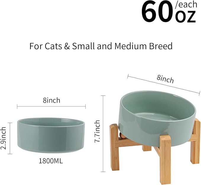 Elevated/Raised 15°Tilted Anti Slip Ceramic Dog Bowl for Medium & Large Breeds,Slanted Bulldog Big Face Pet Feeding Food Water Dish Stand for Dogs (7.6 Cups/60OZ) Light Green
