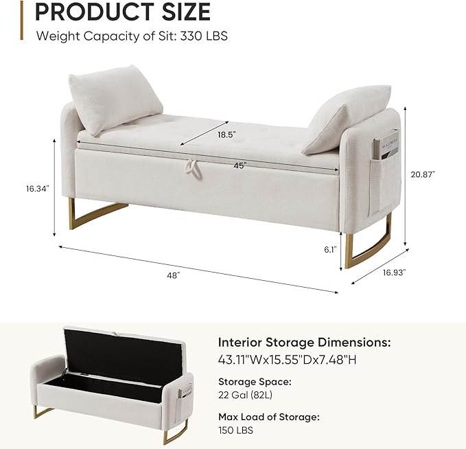 48" End of Bed Bench, Modern Storage Benches