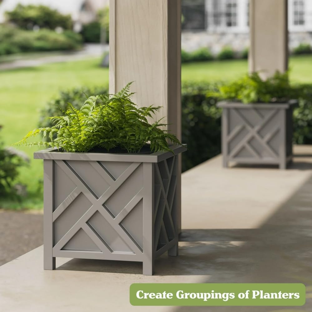 Ratiyae 15.5-Inch Outdoor Lattice Planter Box, Gray Decorative Plant Pot for Patio, Garden, Porch & Balcony