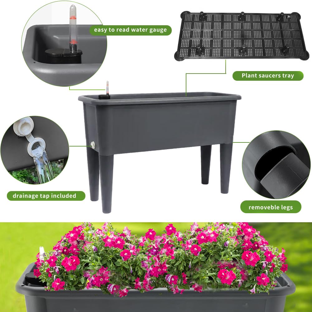 Megawodar 4 Pcs Self Watering Elevated Raised Garden Bed, Large Outdoor Plastic Planter Box Big Flower Plant Pot for Planting Flowers Vegetables and Herbs (4, Dark Grey)