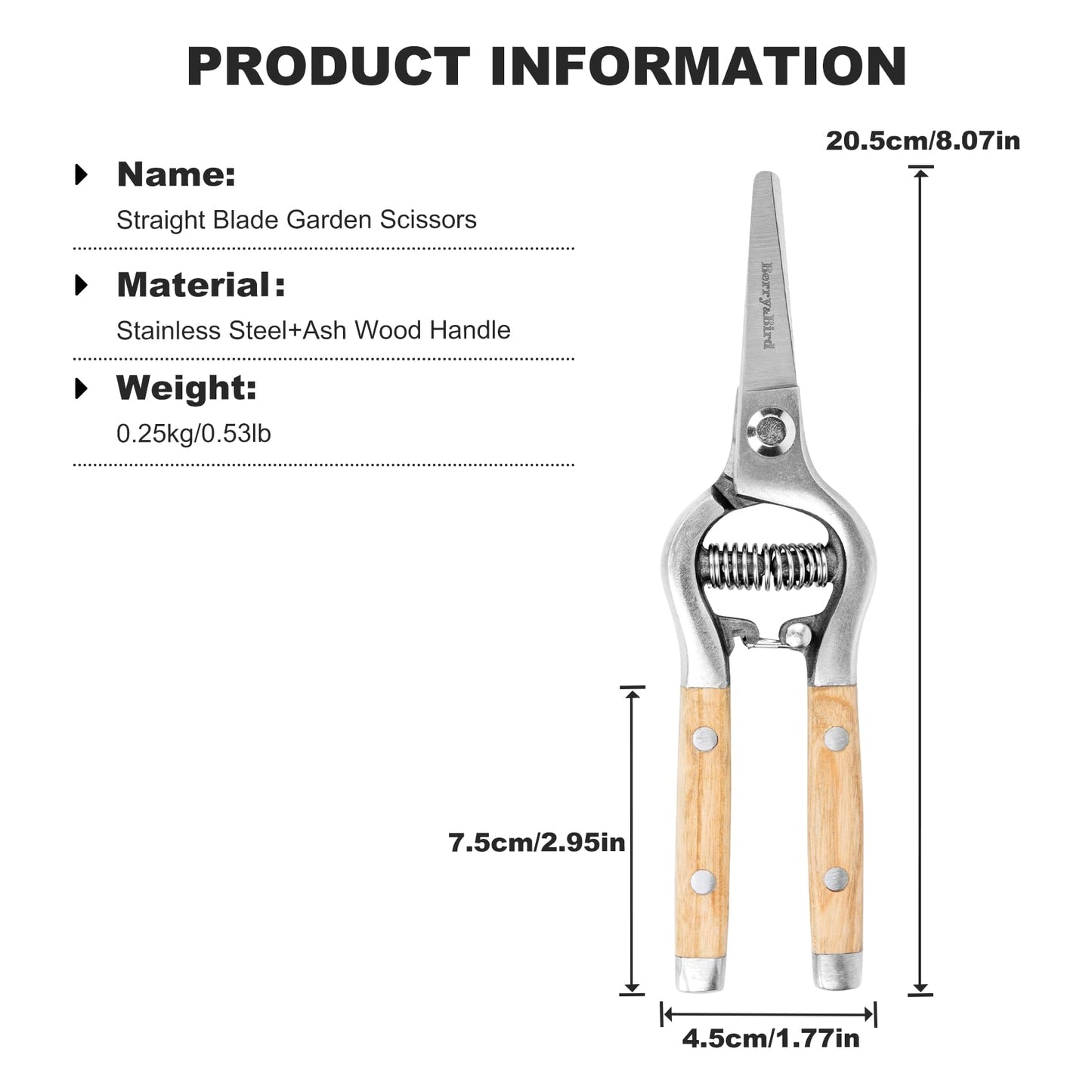 Berry&Bird Straight Pruning Shears with Stainless Steel Blades Garden Hand Pruner 8'' Scissors with Wooden Handle Clippers for Gardening Trimming Cutting Bonsai