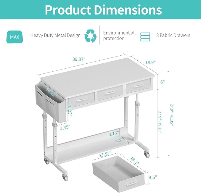 White Portable Rolling Computer Desk
