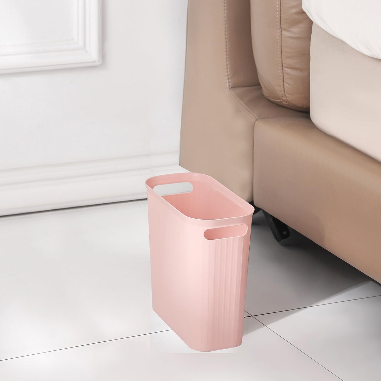 rejomiik Small Trash Can, 3.5 Gallon Garbage Can Slim Waste Basket Plastic Trash Bin Container with Handles for Bathroom, Bedroom, Office, Home, Dorm Room, Kitchen, Rectangular, Rosette Pink