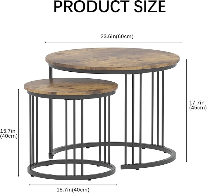 Garden 4 you Nesting Coffee Table, 23.6" Round Coffee Table Set of 2, Wooden