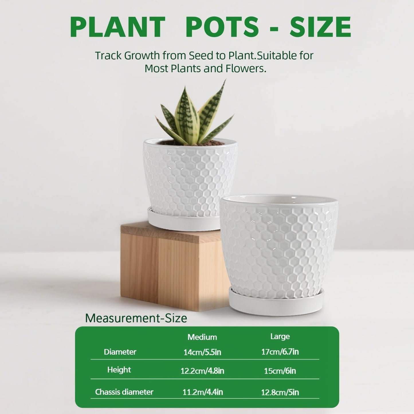Docrin Ceramic Plant Pots Set of 2 (6.6"+5.5"), High-Fired Clay Indoor Planters with Drainage Holes & Saucer, Honeycomb Modern Home Decor for All House Plants