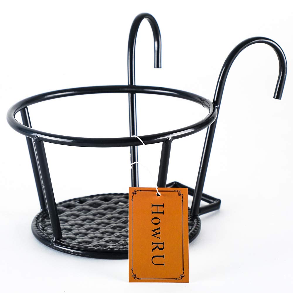 HowRU Iron Art Hanging Baskets Flower Pot Holder - Over The Rail Metal Fence Planters - Pack of 3 - Black