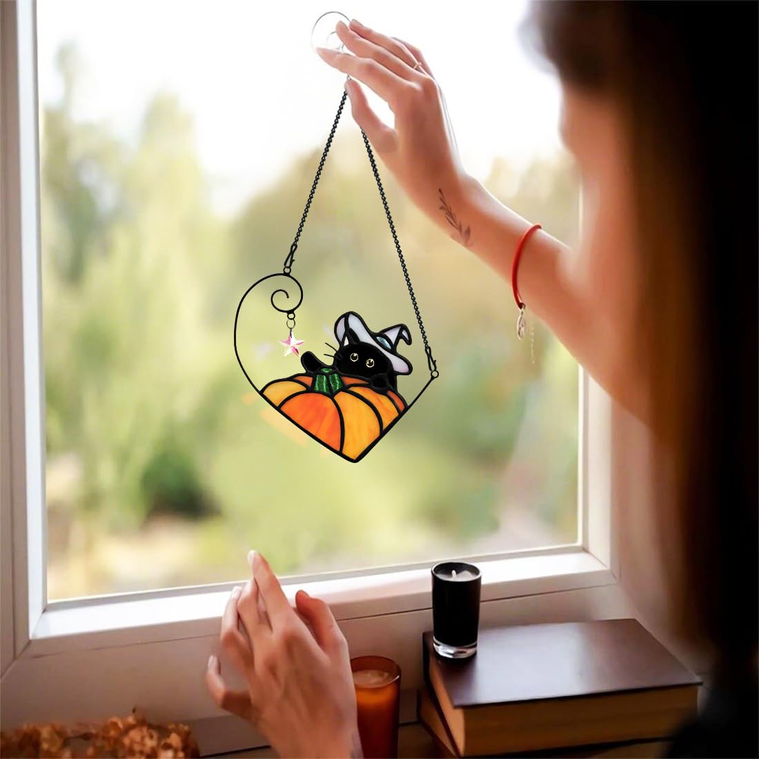 BOXCASA Black Cat Stained Glass Suncatcher, Halloween Pumpkin Witch Gifts