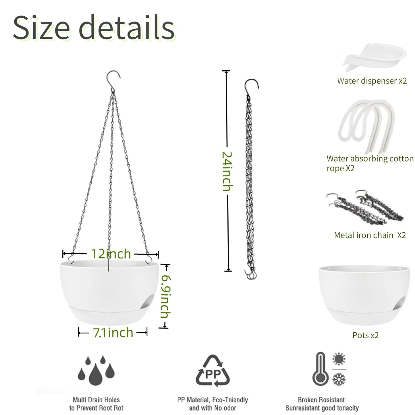 CNLBO 2 Pack Hanging Planters for Indoor Outdoor Plants, 12Inch Self Watering Hanging Pot with Drainage Holes and Saucer, Plastic Plant Pots, White Flower Pots for Kitchen, Balcony, Garden