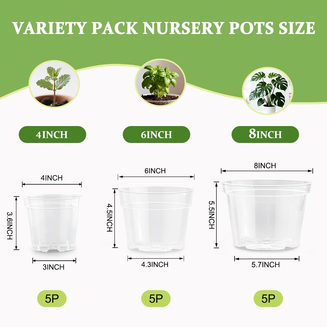 RooTrimmer 15 Pack 8/6/4 Inch Clear Nursery Pots with Drainage Hole, Transparent Plastic Plant pots, Sturdy Planting Starter Pots for Seedlings Herbs Flowers Vegetable (Clear-15P)