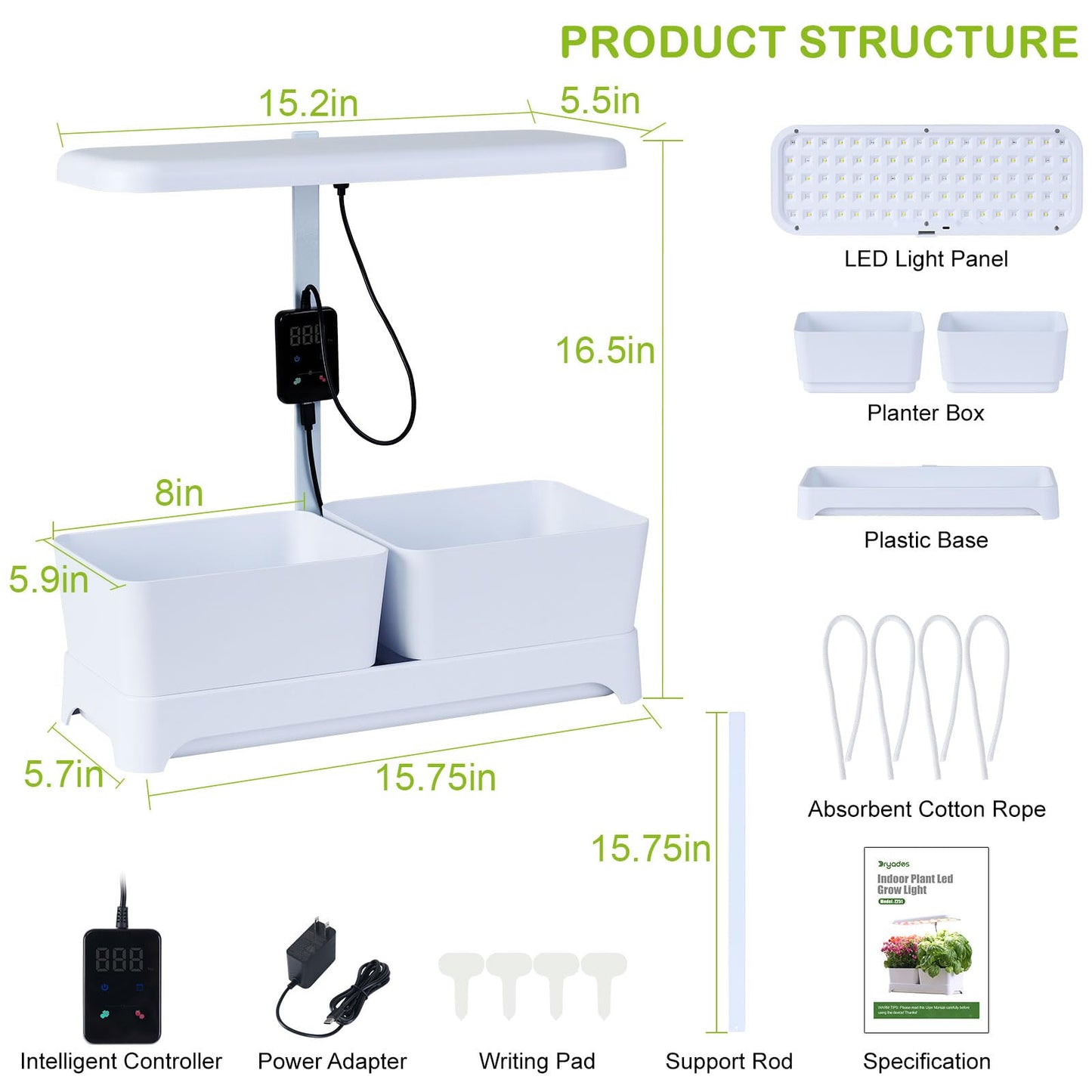DRYADES Indoor Garden Led Grow Light, Full Spectrum LED Grow Lamp for Indoor Plants with Intelligent Controller, Height Adjustable, Ideal for Home Desk Plant Lighting (White, 16 * 6.3 * 7.1 inch)
