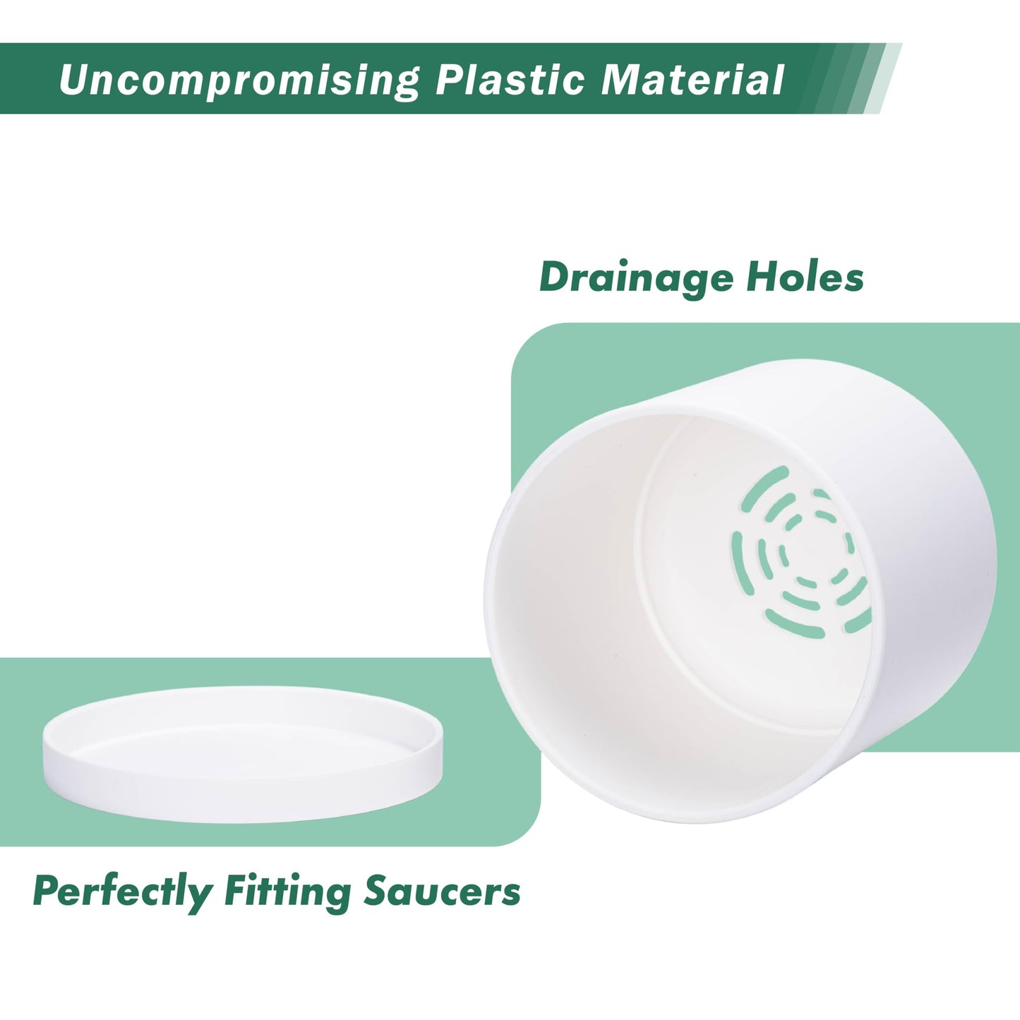 D'vine Dev 2 Pack 6.5 Inch Modern Plastic Plant Pots, Small Garden Planters for Plant with Drainage Holes and Saucers, White Color, 74-Z-L-1
