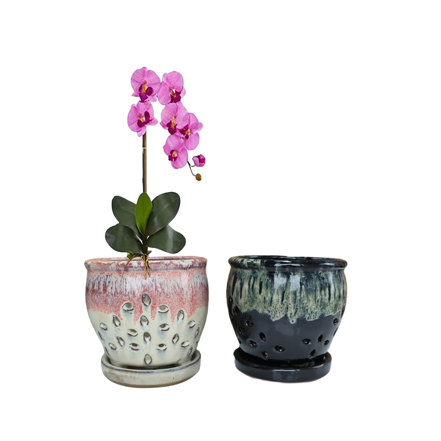 Beitewei 2PCS Small Ceramic Orchid Planter Pots with Holes 4.33inch Ceramic Planters for Orchid Repotting(Black&White)