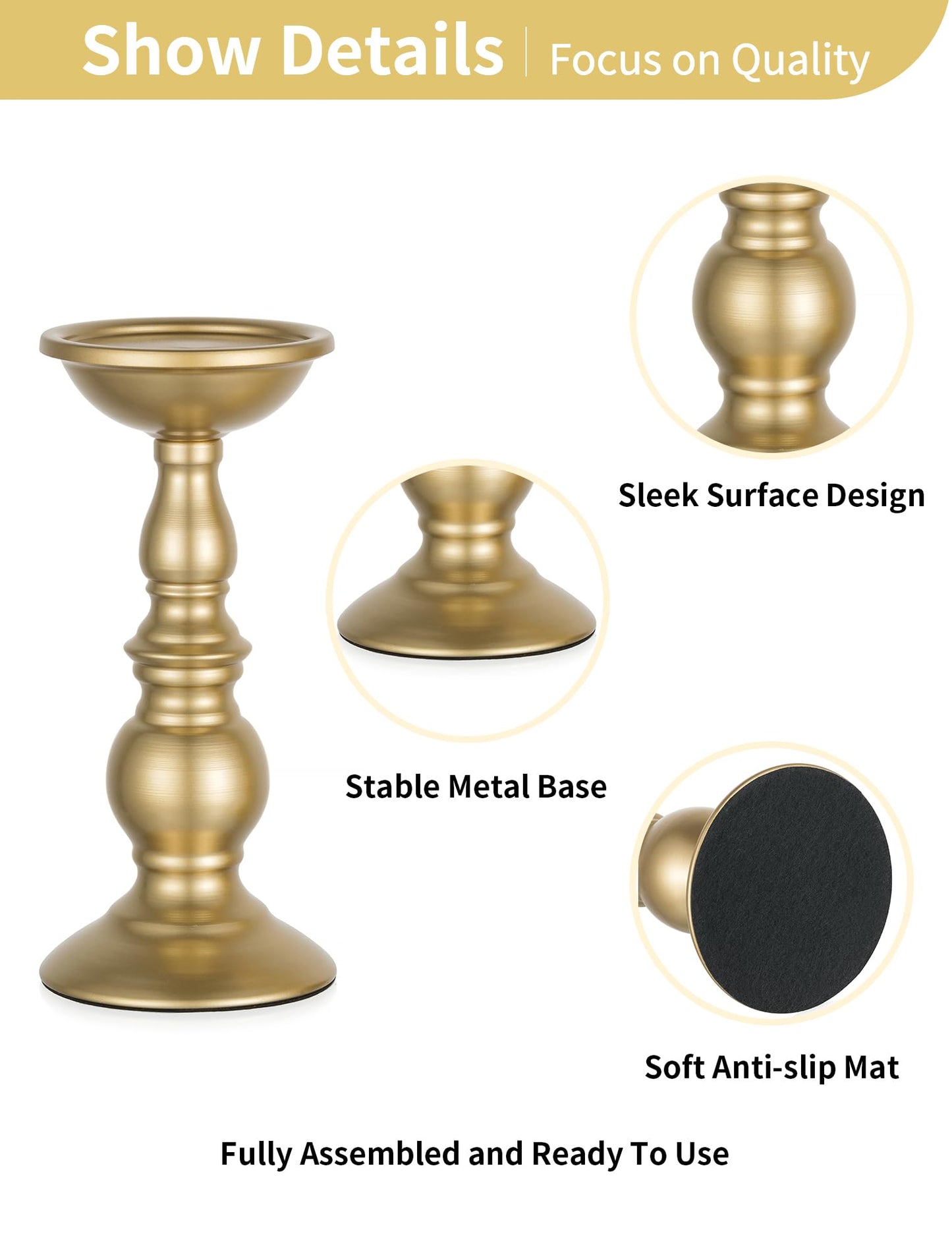 2 Pcs Gold Pillar Candle Holders, Gold Candlestick Most Ideal for 3" Pillar Candles, Gifts for Wedding, Party, Home, Spa, Reiki, Votive Candle (S + L)