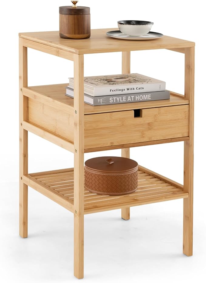 Giantex Bamboo Nightstand, Wood Side Table