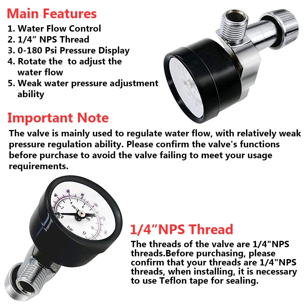 Beduan Flow Control Valve, 1/4" NPS Water Pressure Reducer Adjustable Control Valve with Gauge