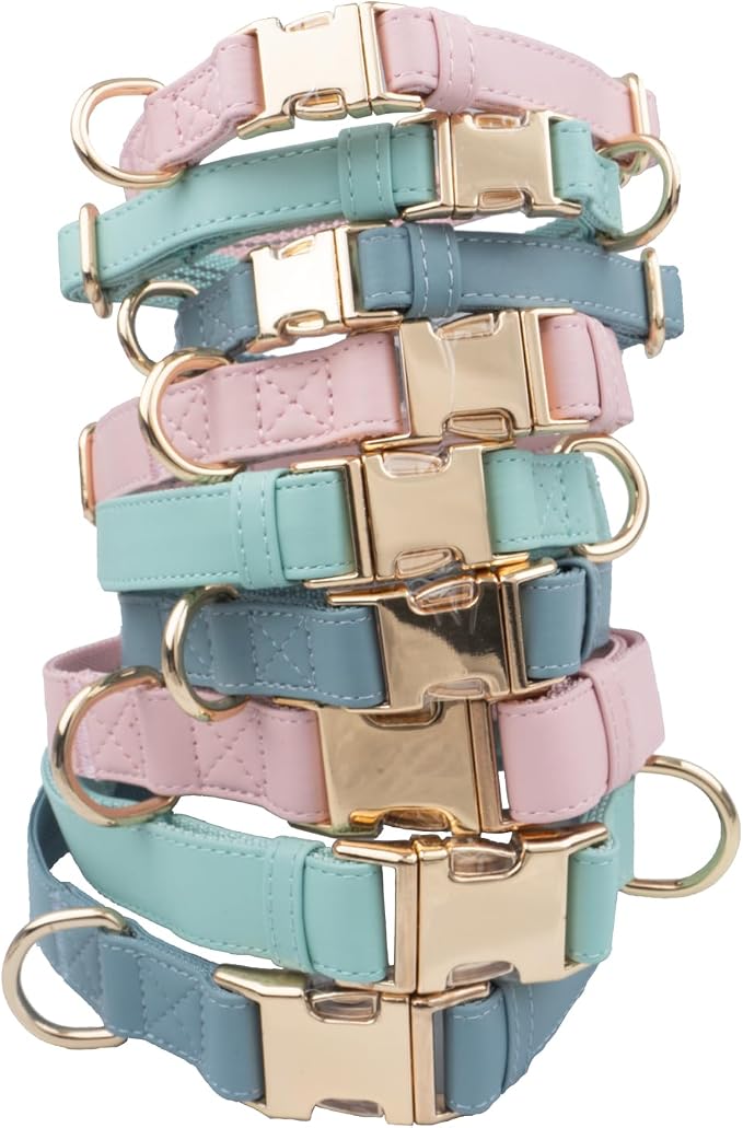 Leather Dog Collar and Leash Set 7FT Reflective at Night - Soft and Easy to Clean Vegan Leather with Gold Metal Buckle for Small Medium Large Dogs (S, Sea Green)