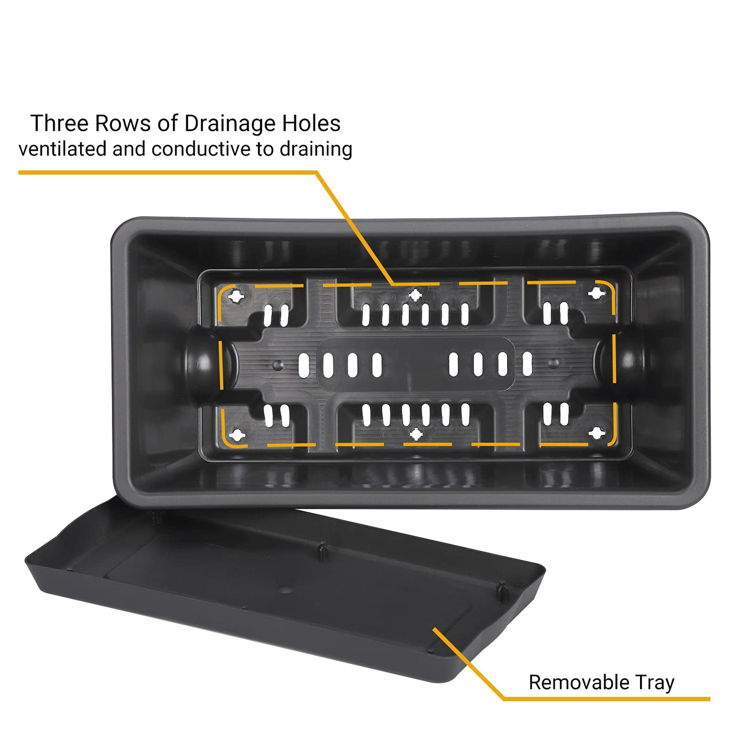 GREANER Rectangular Window Boxes with Trays, 3 Packs Modern Vegetable Planters, 13.8Inch Plastic Flower Boxes Container for Windowsill, Patio, Garden, Balcony, Porch, Indoor and Outdoor Use, Black