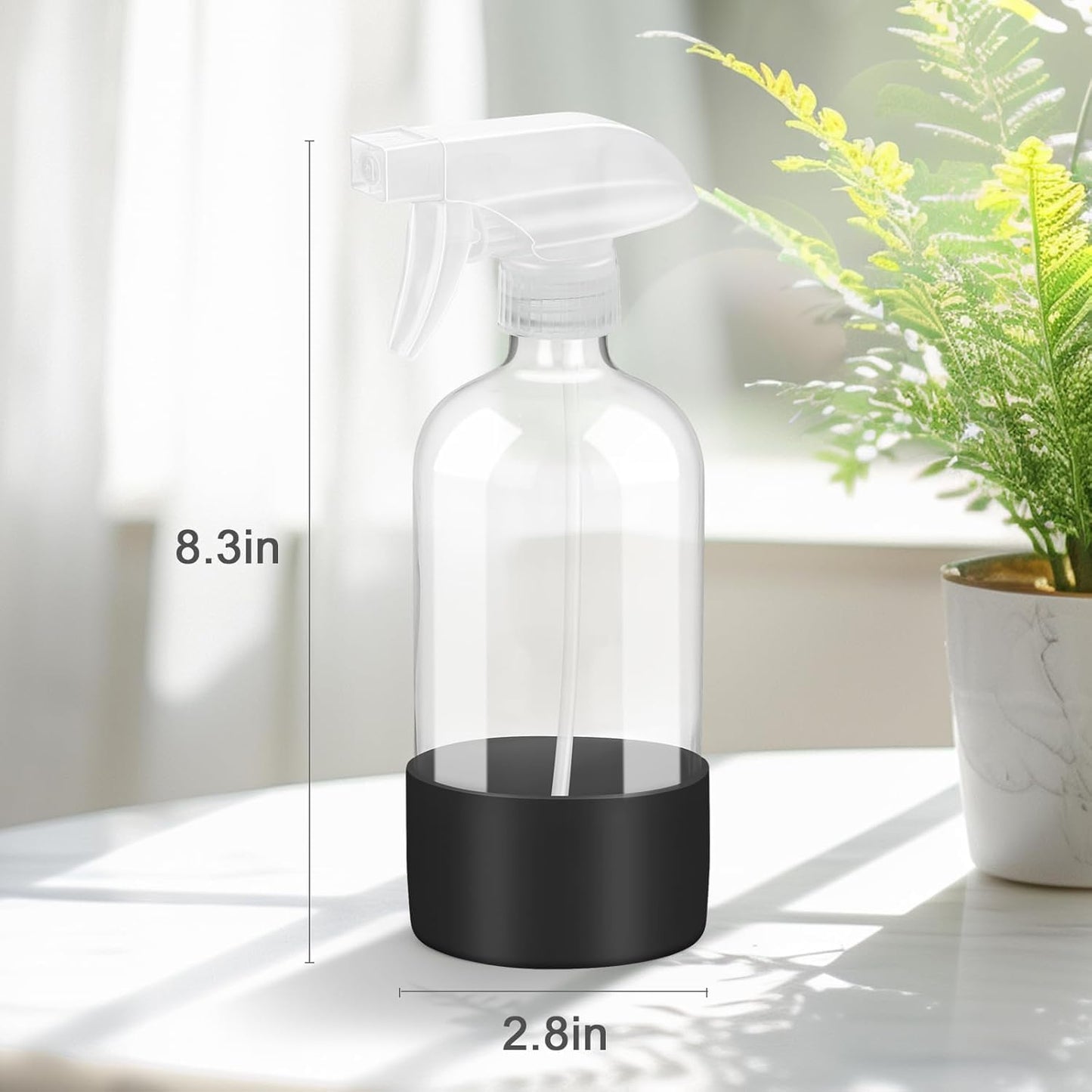 Worldgsb 2 Pack Glass Spray Bottles with Silicone Sleeve, 16 oz Empty Refillable Containers with Adjustable Spray Nozzles, Spray Bottles for Hair, Cleaning Solutions and Plants Black&Grey