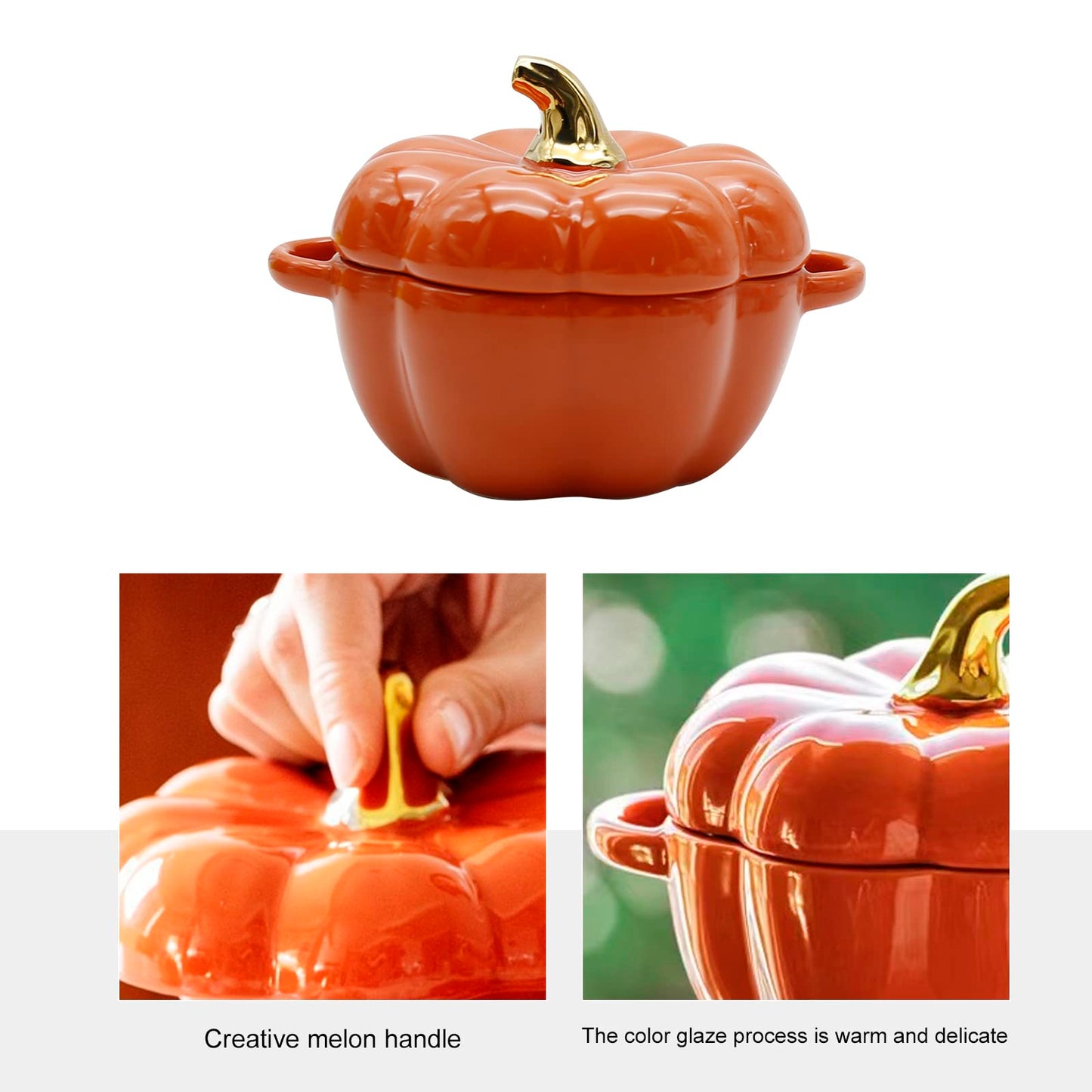 LIDSCURA 15 Oz Orange Ceramic Pumpkin Soup Bowl with Lid, for Halloween & Thanksgiving Soup Serving, Oven Safe Ceramic Stew Pot Pumpkin Shape Storage Jar, Double Ear Pumpkin Dessert Bowl for Tableware