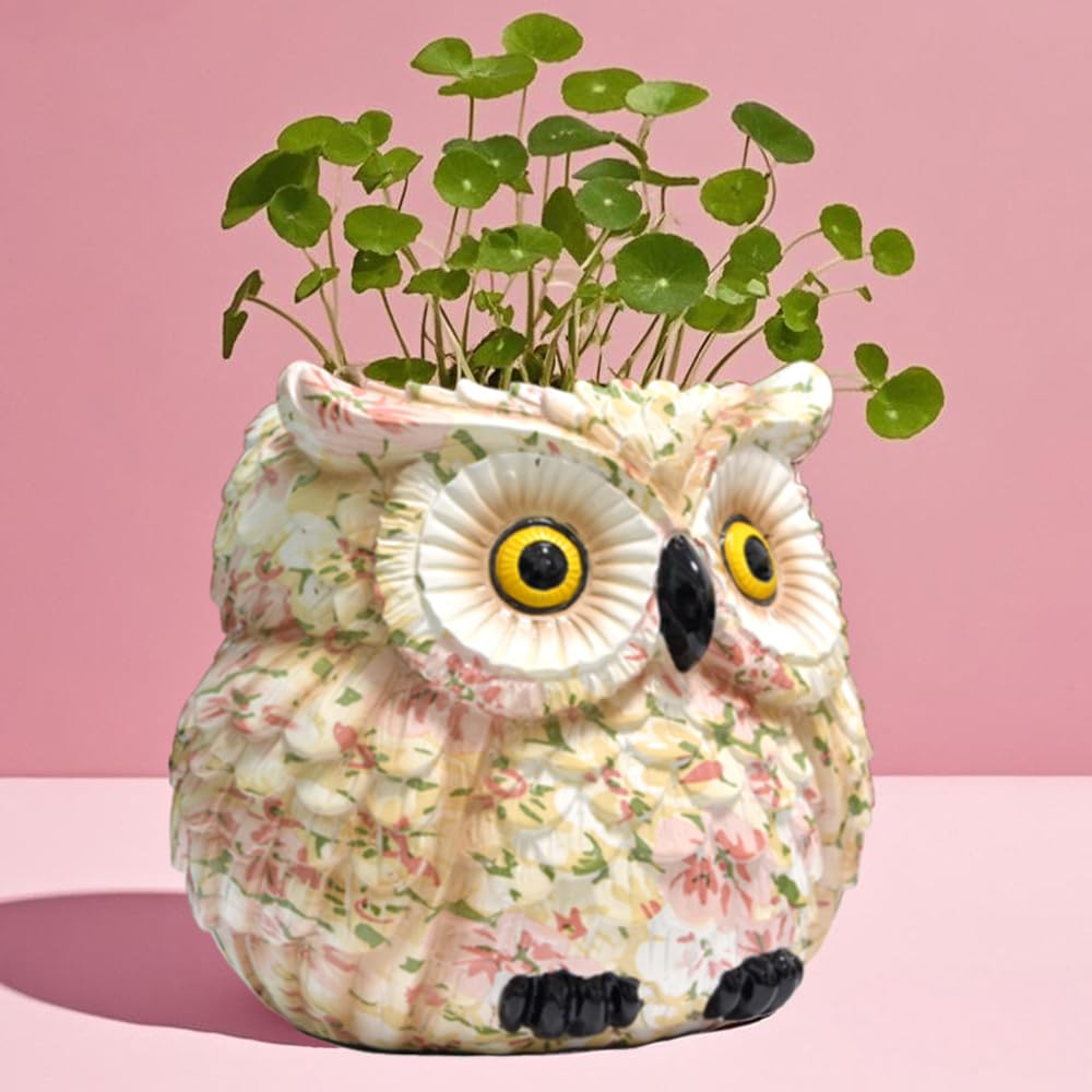 Pink Owl Planter, Cute Owl Statue Decor, Succulent Plant Pots, Decorative Flower Pot, Animal Bird Planters, Indoor Plant Pot for Home Garden Windowsill, Funny Gifts for Smart Women Mother Teacher