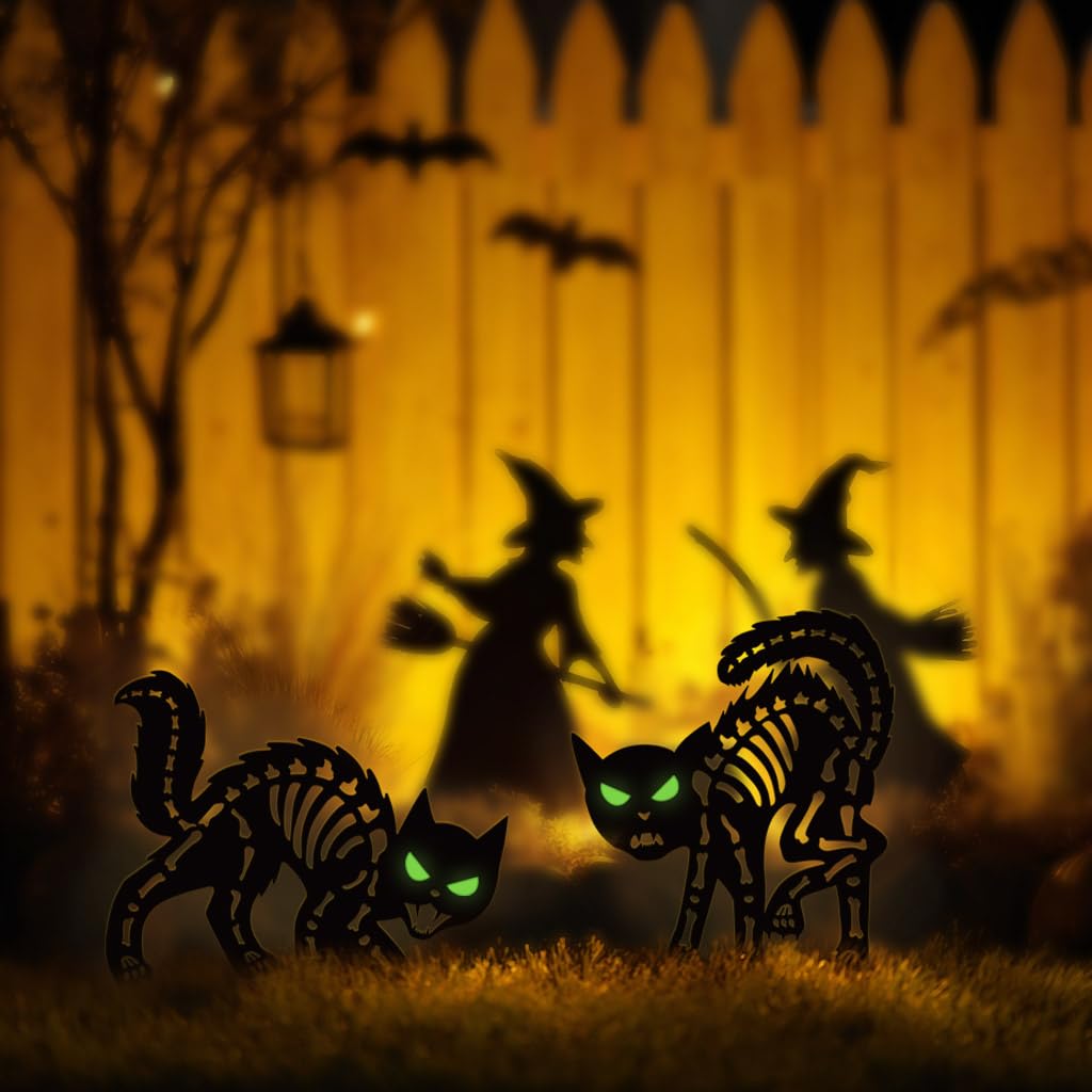 Doesen Halloween Decorations Outdoor Black Cat, Metal Black Cat Halloween Decor, Scary Cats Silhouette with Glow in Dark Eyes, Rust-Proof Lawn Decoration Yard Stakes for Family Home Party Garden Décor