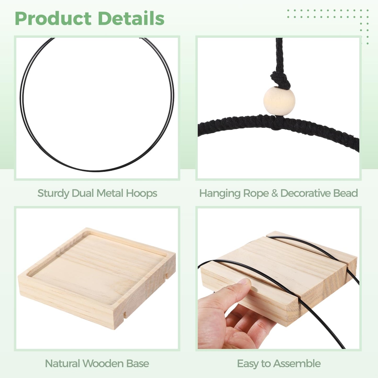 Tressify 4 Pcs Hanging Plant Holder with Wooden Base, Metal Circle Planter, Ceiling Hooks for Small Pots, Macrame, Indoor Outdoor
