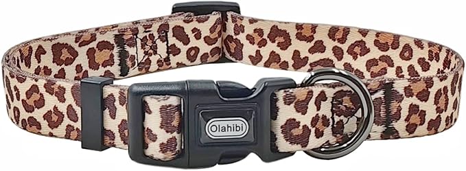 Dog Collar Leash Set, Leopard Pattern, Polyester Material, Adjustable Collar and 5ft Matching Leash, for Medium Dogs.(M, Light Coffee Leopard)