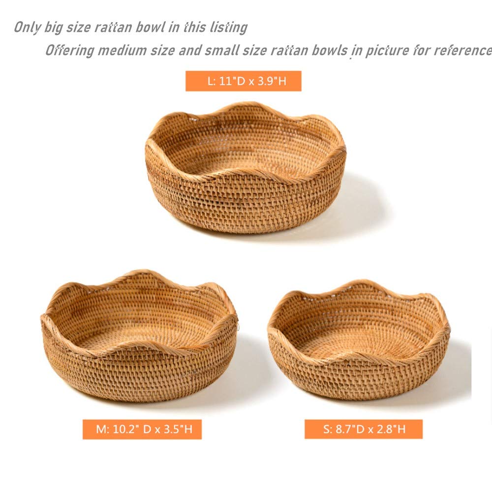 AMOLOLO Handmade Rattan Round Fruit Basket Food Storage Bowls Kitchen Organizer Snack Serving Bowl, 11 Inch Boho Wicker Bread Bowl Woven Basket Décor for Nuts with 3”Side and Wavy Edge (Large 11")