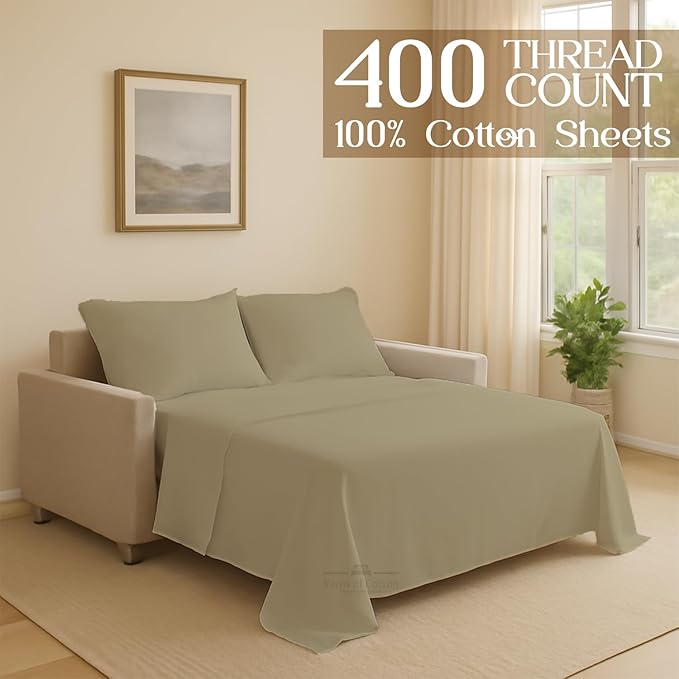Sleeper Sofa Bed Sheet, 100% Cotton 400 Thread Count, 4 Piece Set, Deep Pocket