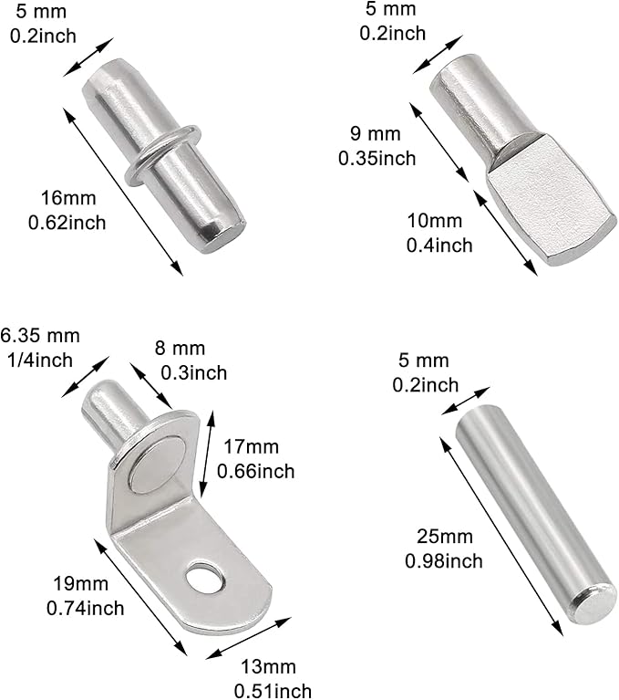104Pcs Shelf Pins Kit, 4 Styles Nickel Plated Shelf Support Pegs, Bookshelf Pegs