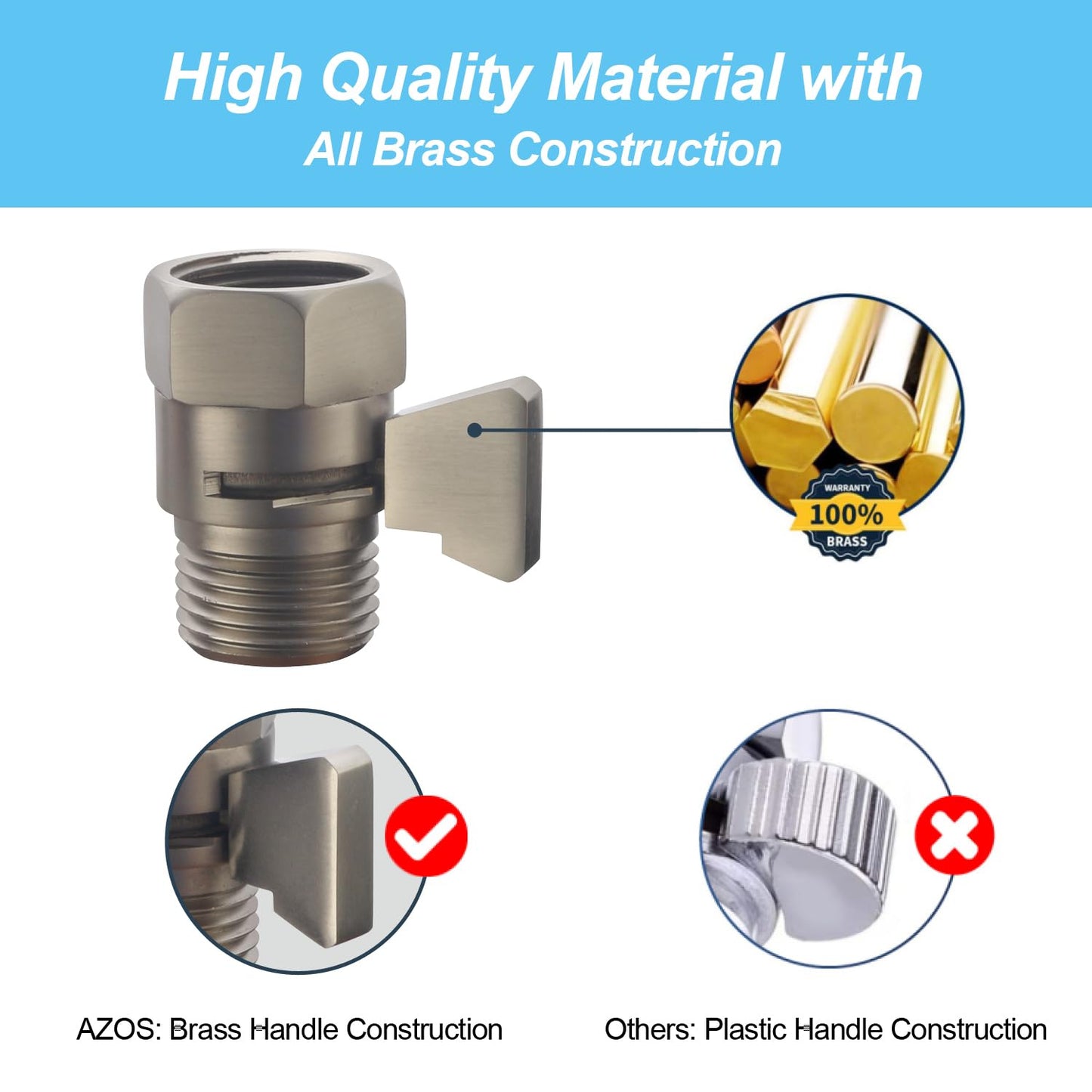 AZOS Brass Shut Off Valve, Shower Flow Control Valve, G1/2 Shower Water Pressure Regulator, Water Flow Control Valves for Handheld Shower Head, Brushed Nickel