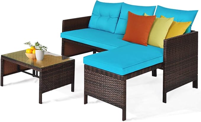 Tangkula Patio Corner Sofa Set 3 Piece, Outdoor Rattan Sofa Set, Includes