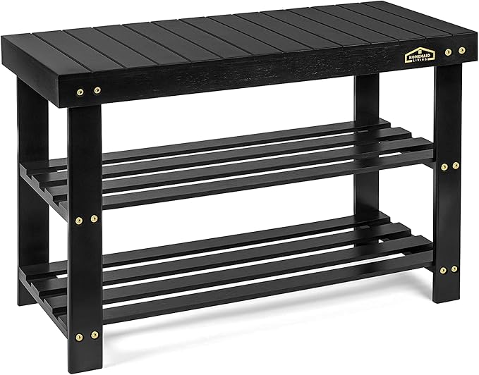 Homemaid Living Bamboo 3 Tier Shoe Rack Bench, Premium Shoe Organizer or