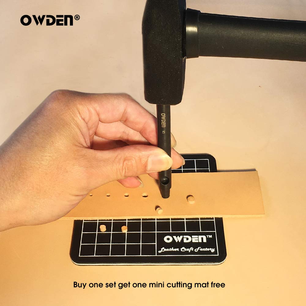 OWDEN Professional 6pc Leather Hollow Punch Set, Size 1.0-5.0mm, Black, Steel, Manual, 6 Holes, Free Mini Cutting Mat