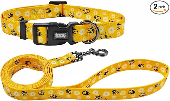Dog Collar Leash Set, Floral Pattern, Polyester Material, Adjustable Collar and 5ft Matching Leash, for Small Dogs.(S, Bee Daisy)