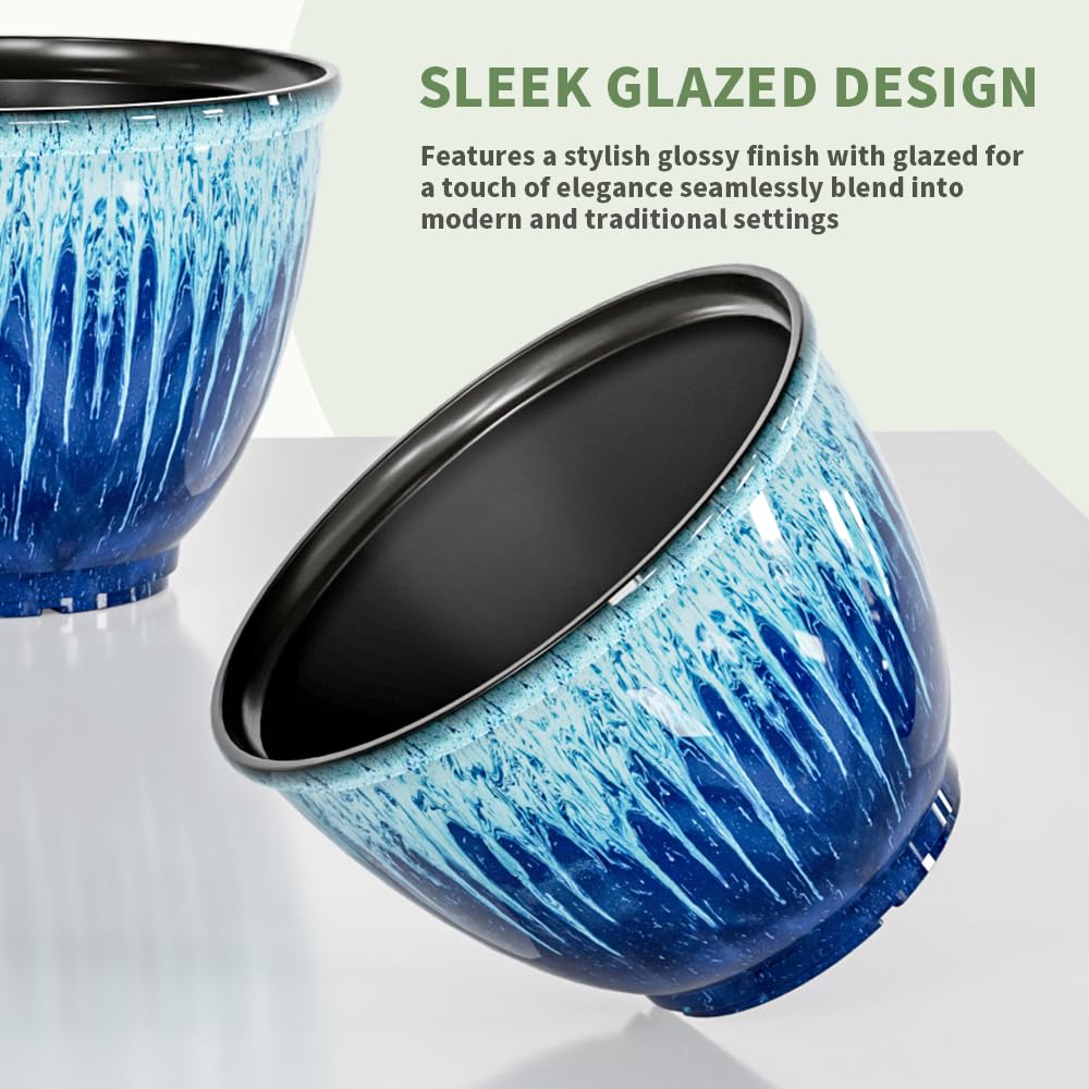 Flower Pots, 8 Inch Plastic Plant Pots for Plants, Set of 4 Planter for Indoor Outdoor Plants with Drainage Hole, Sleek Small Nursery Planting Pot for Home Garden Outdoor Planters(Blue Glaze)