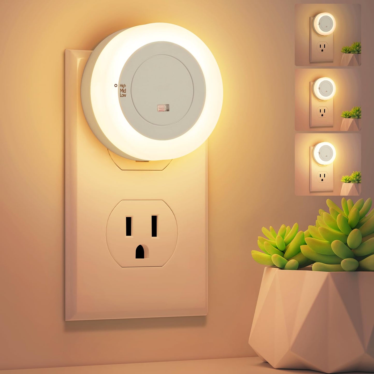 FOLKSMATE LED Night Lights Plug in, Dimmable Nightlight Plug Into Wall with Light Sensor, Soft White Adjustable for Adults, Bedroom, Bathroom, 2-Pack