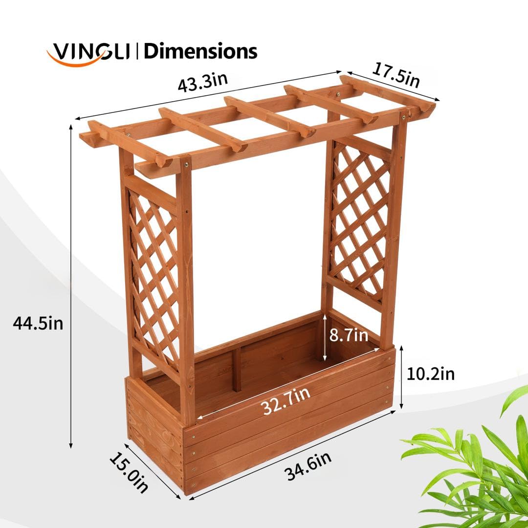 VINGLI 45-in Raised Garden Bed with Trellis & Hanging Roof, Wooden Elevated Planter Box with Drainage Holes for Outdoor Climbing Plants Vegetables Flowers, Patio Yard Balcony