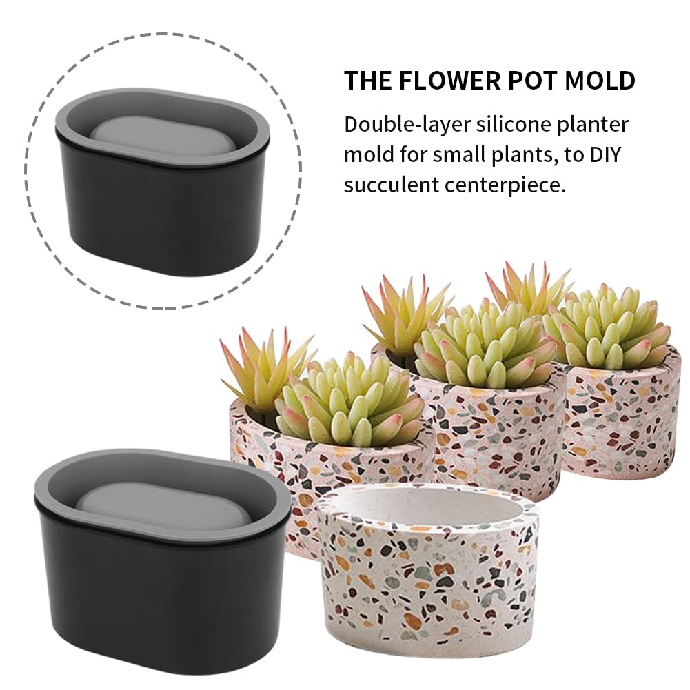 Silicone Flower Pot Mold, Reusable Oval Shape Concrete Clay Plaster Moulds Container for DIY Homemade Succulent Plant Pots, Durable Home Decor Garden Decorations Mould(Black)